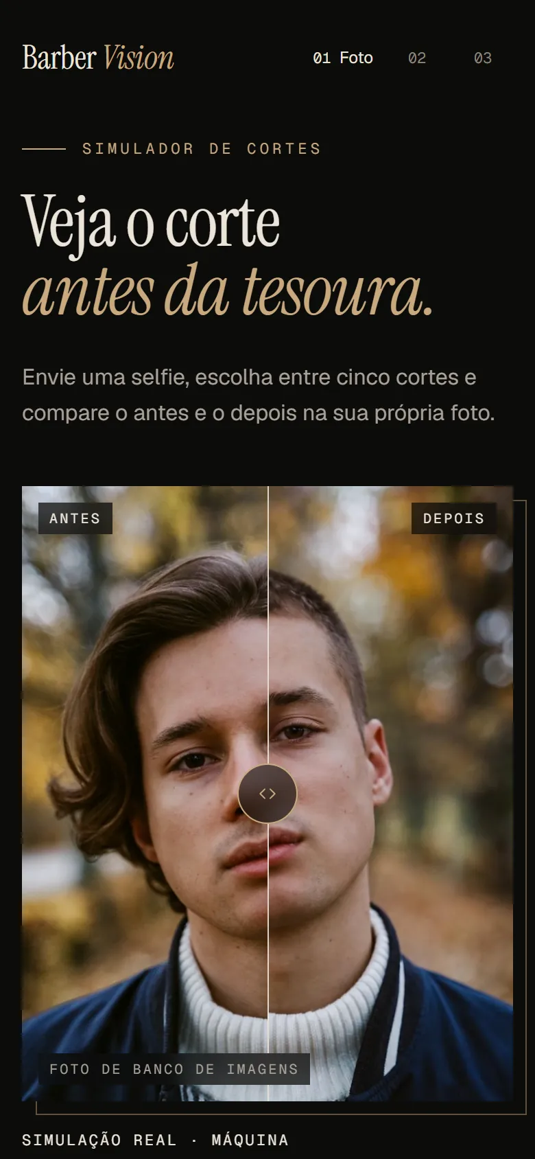 Tela inicial do Barber Vision no celular: “Veja o corte antes da tesoura.”, com o comparador de antes e depois sobre uma foto de banco de imagens